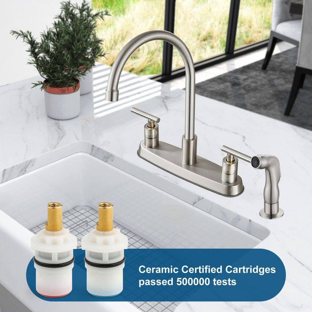 Numhew Kitchen Faucet in. Brushed Nickel, 8 in. Centerset 2 Handle 360° Rotating Spout with Side Sprayer, Fits 3 or 4 Hole Sink (2)