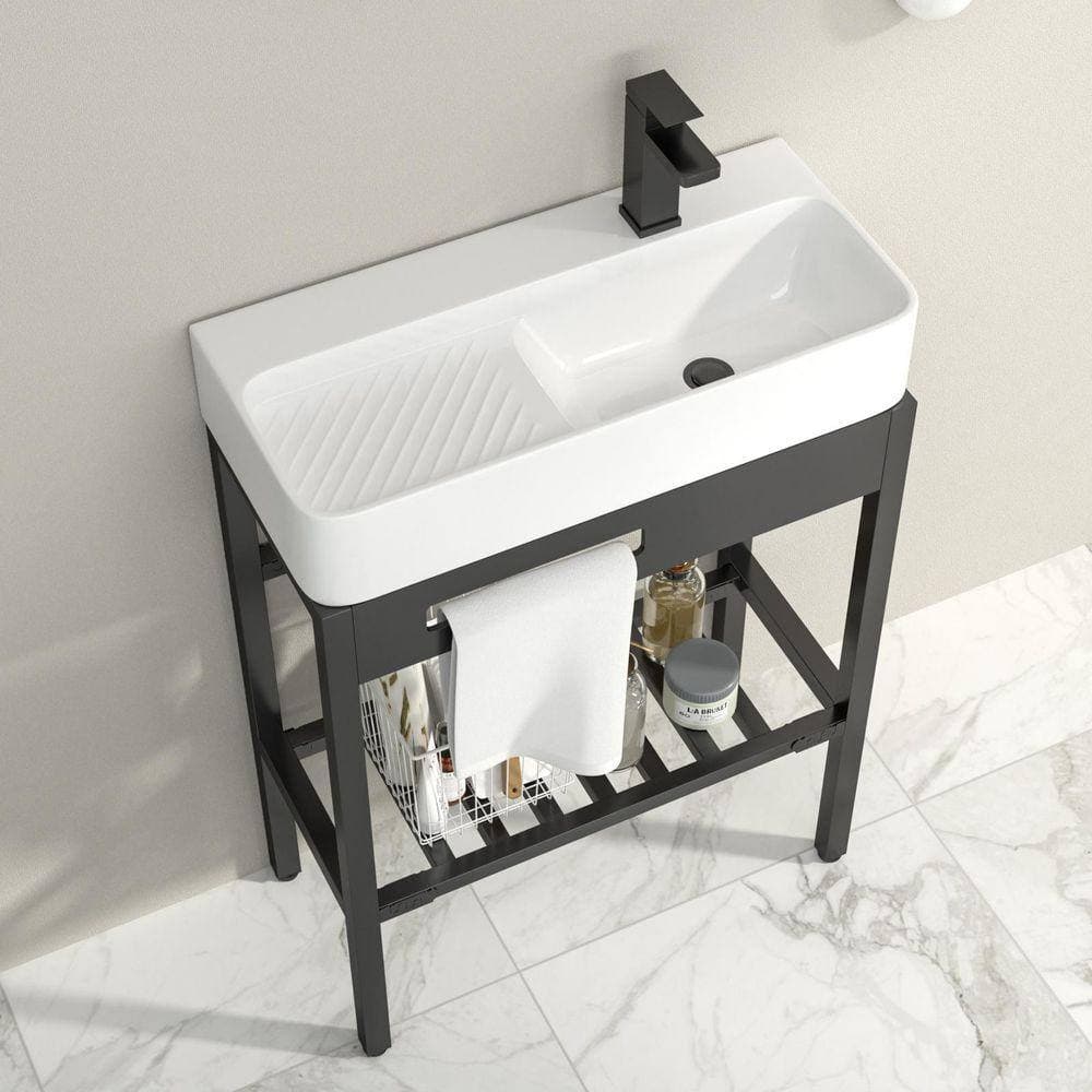 Logmey 28 in. Ceramic White Bathroom Console Sink Washboard and Stainless Steel Base in Matte Black Combo with Overflow (2)