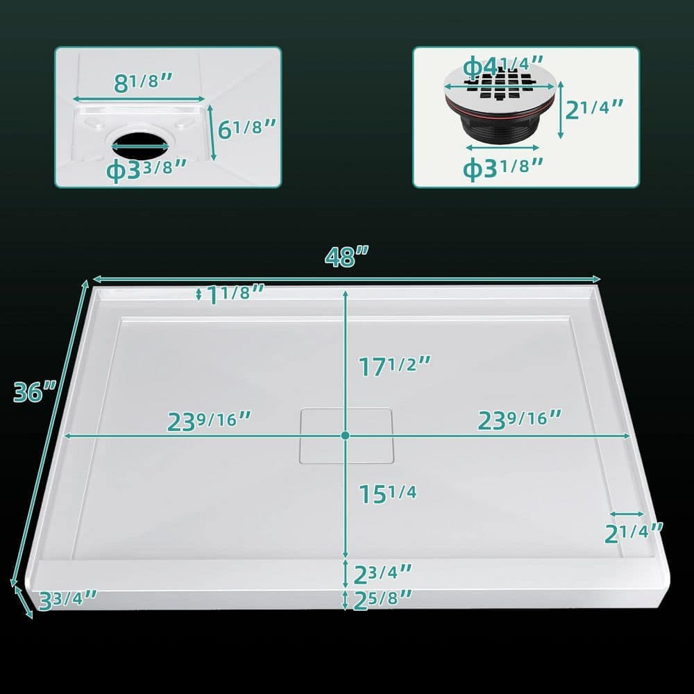 Getpro 48 in. L x 36 in. W Single Threshold Alcove Shower Pan Base in White Acrylic Rectangular Shower Tray with Center Drain (2)