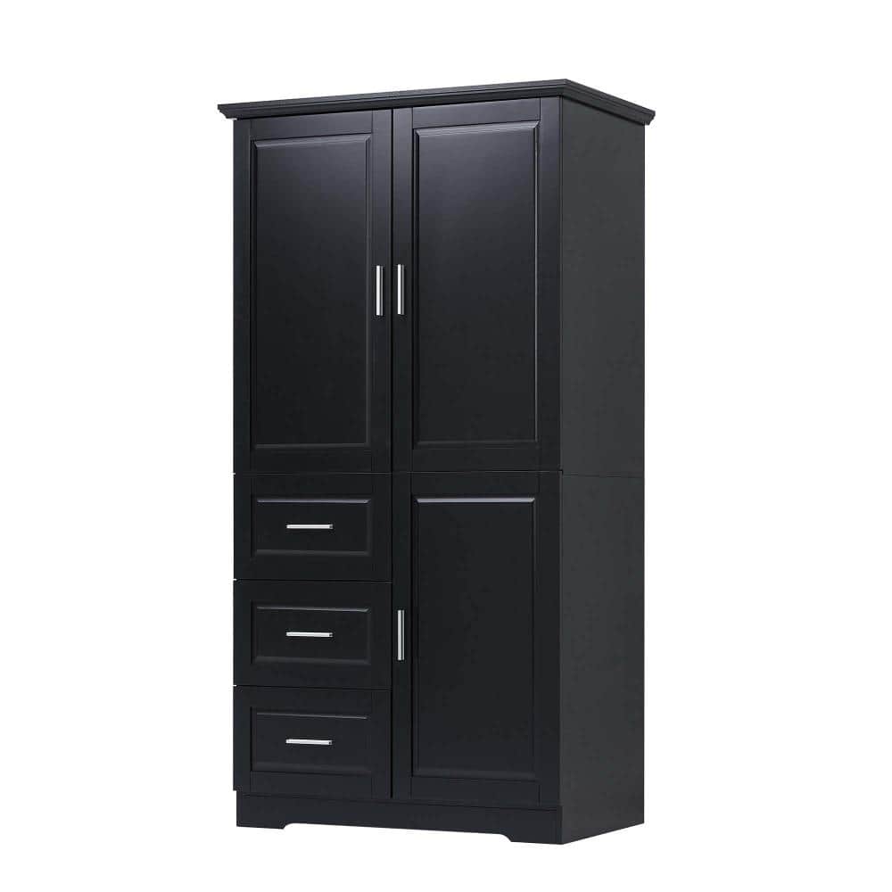 XUJMK 33 in W x 20 in D x 62 in H Linen Cabinet, Pantry Storage Cabinet in Black with Doors for Bathroom, Office, 3 Drawers (1)
