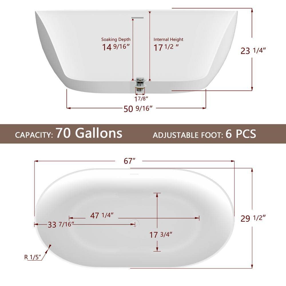 NTQ 67 in. x 29.5 in. Oval Free Standing Tub Freestanding Soaking Bathtub with Removable Drain Alone Soaker Tubs in White (3)