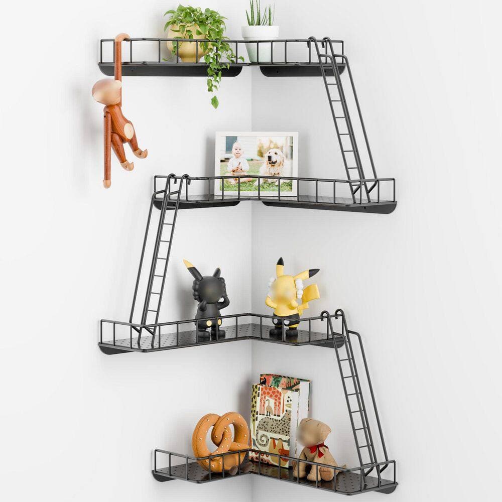 Wudkey 4-Tier 11.8 in. W x 1.4 in. H x 7.9 in. D Metal Fire Escape Corner Wall Shelf in Black, Ladder Shelf for Bathroom (3)
