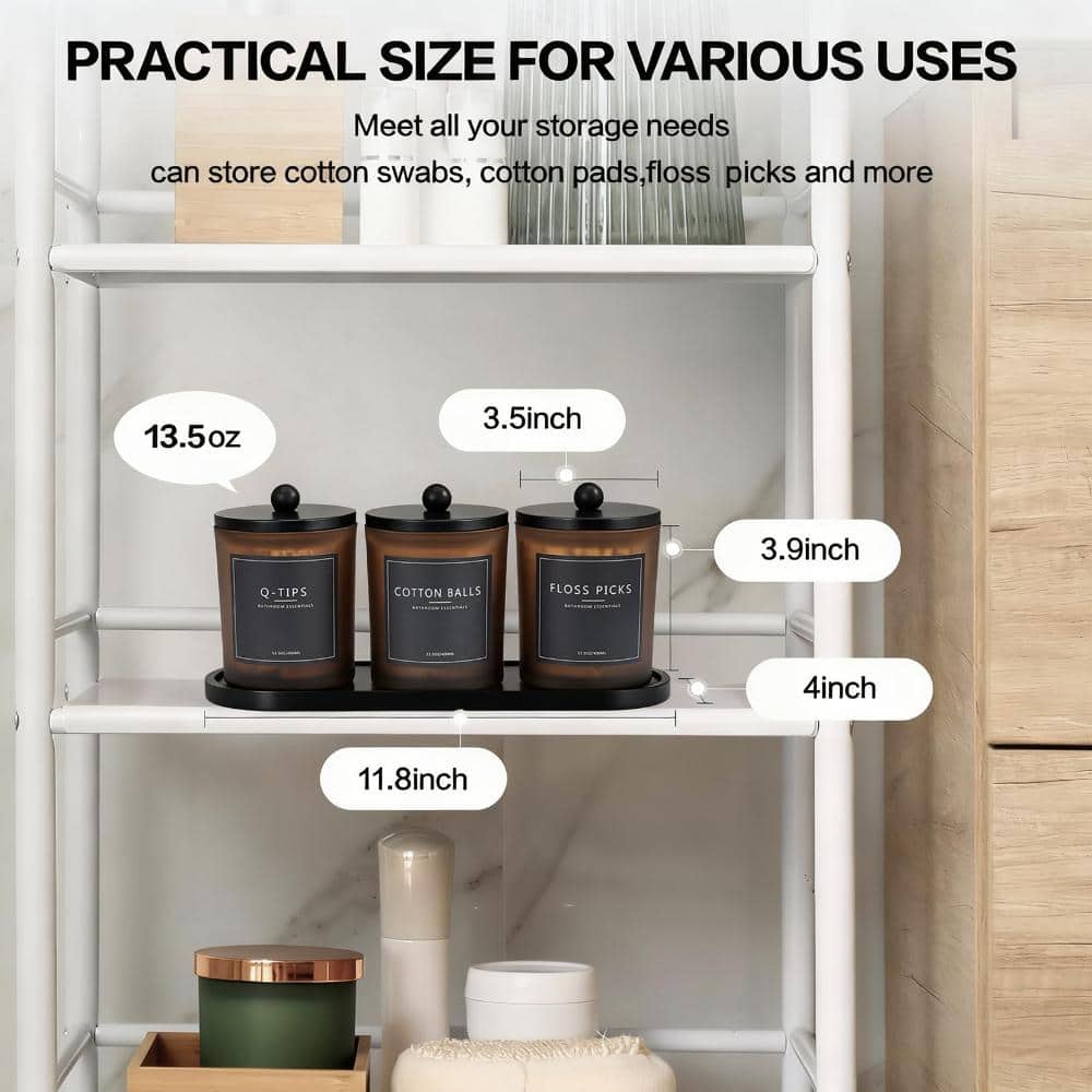 Unbranded Amber Frosted Glass Apothecary Jars with Bamboo Lids, Waterproof Tray and Labels, 3-Pack Bathroom Organizer Set (3)