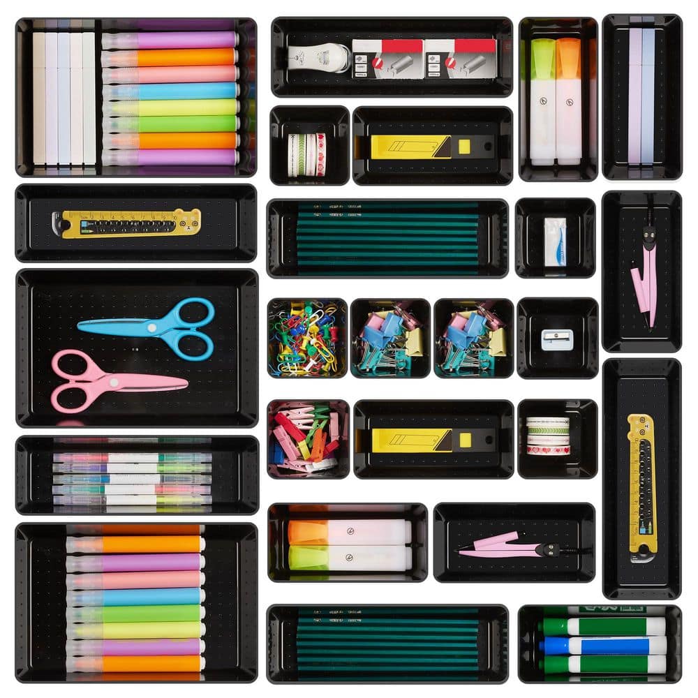 Wudkey 25-Pieces Plastic 4-Size Drawer Organizers Set with Non-Slip Silicone Pads for Home Storage in Black (1)