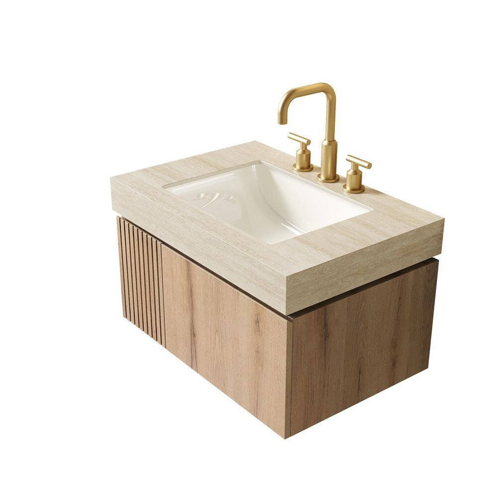 Unbranded 29.92 in. Drop-In Bathroom Sink in Beige with Roma Travertine Sintered Stone Top, 3-Standard Pre-drilled Faucet Holes (3)