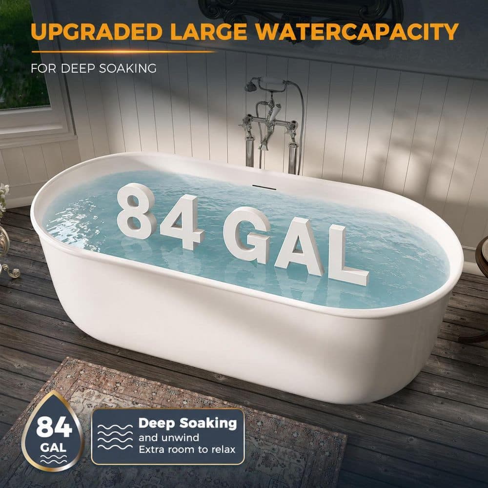 Adecab 67 in. x 31.5 in. Acrylic Freestanding Flatbottom Double Ended Soaking Bathtub in White (2)