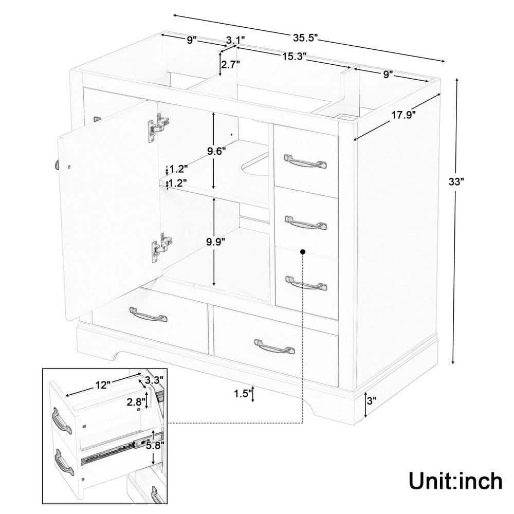 SANFANGIE BY 35.5 in. Bath Vanity Cabinet without Top in Green Unassembled, with 1 Door, 6 Drawers (2)