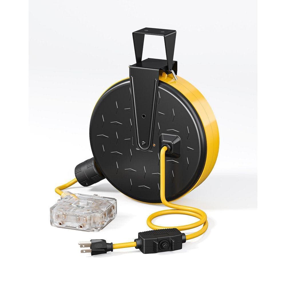 DEWENWILS 30 ft. 16 / 3 SJTW 10 Amp Retractable Extension Cord Reel with 6 Electrical Outlets for Workshop, Yellow (1)