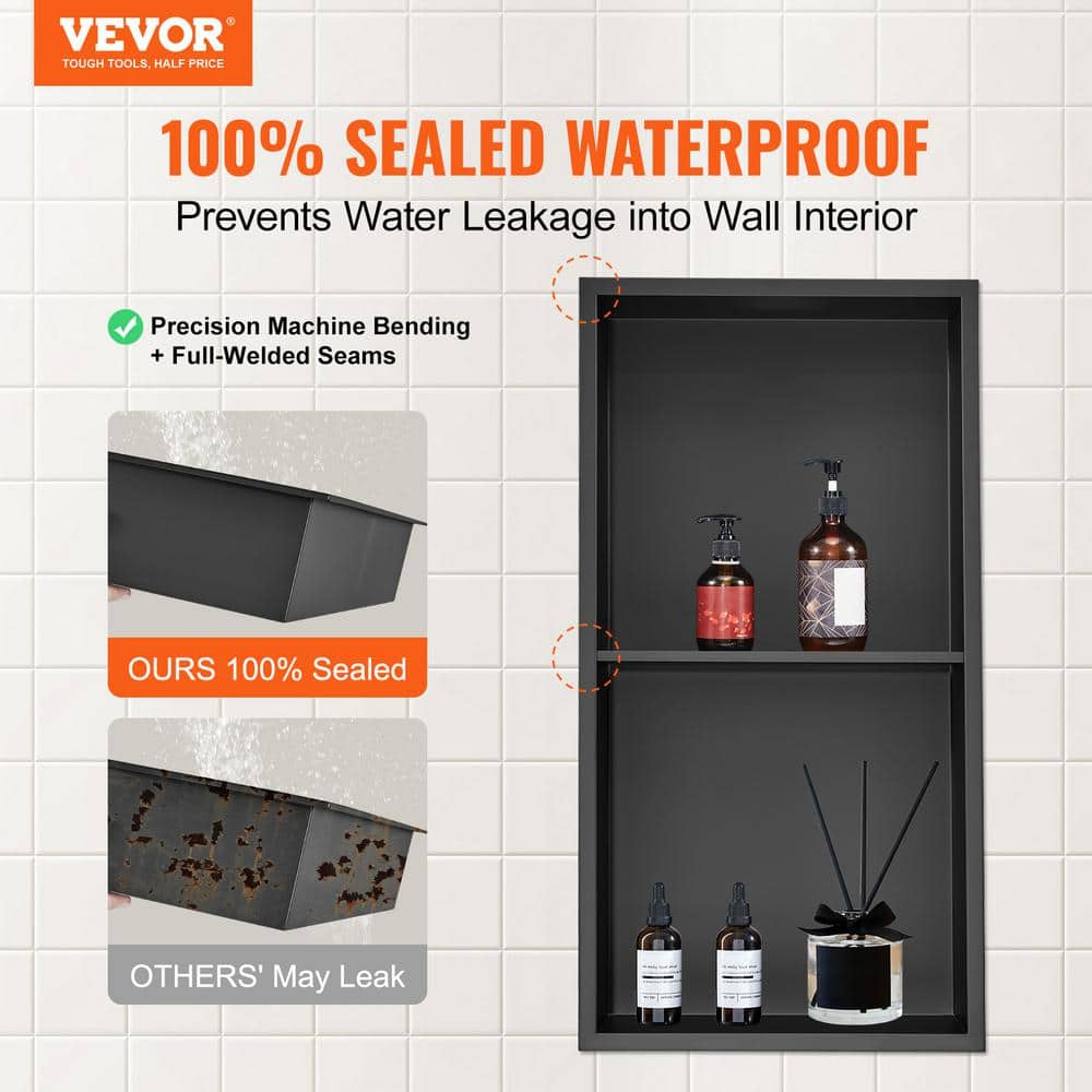 VEVOR 13 in. W x 25 in. H x 4 in. D 304 Stainless Steel Shower Niche in Black Wall-Inserted Niche Recessed Double Shelves (3)