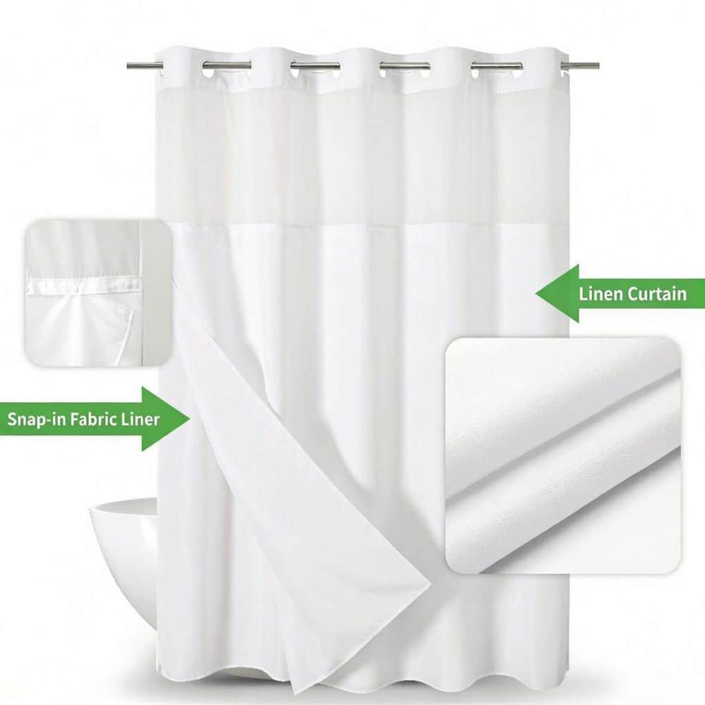 Wudkey 74 in. W x 71 in. L Polyester No Hooks Needed Linen Textured Shower Curtain with Snap-in Fabric Liner Set in White (2)