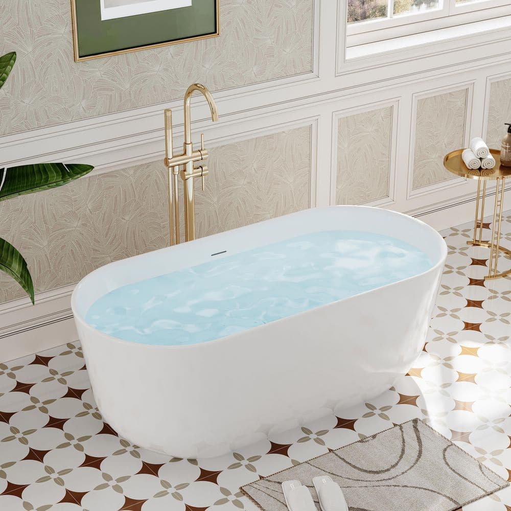FORCLOVER 59 in. x 28 in. Freestanding Soaking Bathtub with Center Drain and Groove Overflow in White/Polished Chrome (2)
