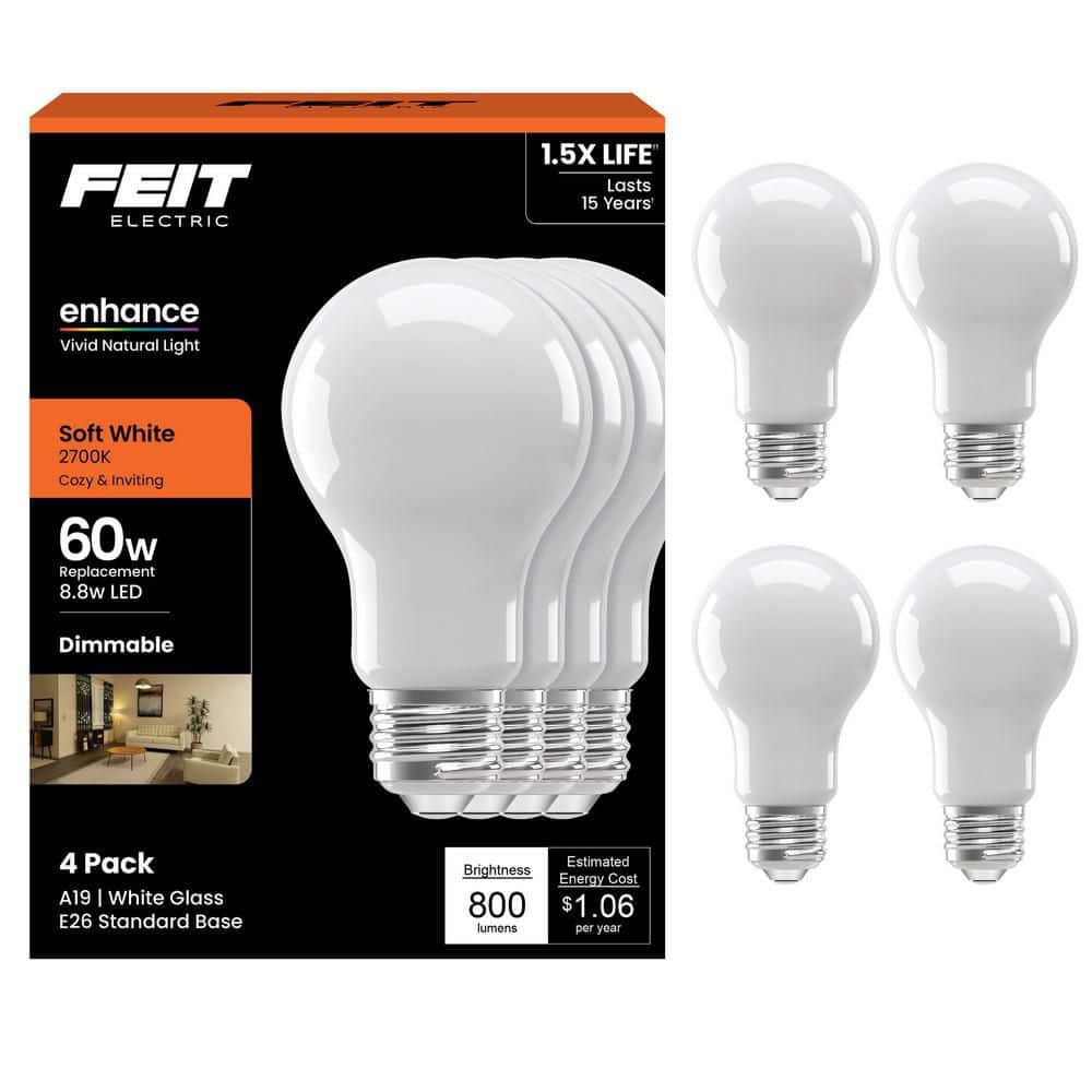 Feit Electric 60-Watt Equivalent A19 Dimmable Filament CEC 90 CRI White Glass E26 Medium LED Light Bulb, Soft White 2700K (4-Pack) (2)