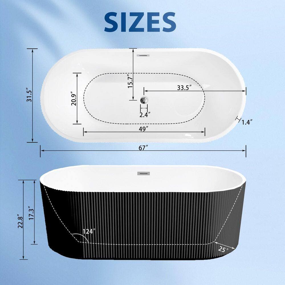 LIVACA 67 in. x 29.5 in. Acrylic Freestanding Soaking Bathtub with Center Drain in Glossy Black Durable Construction (2)