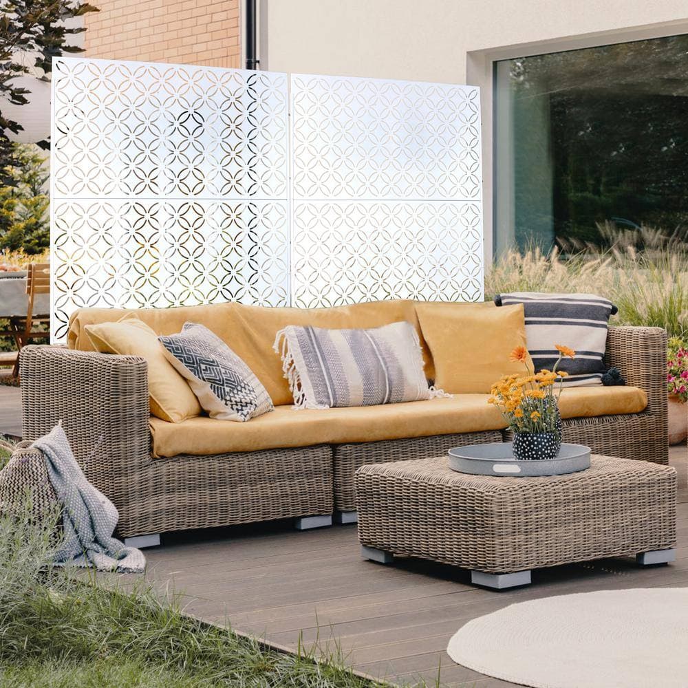 Unbranded 76 in. H x 48 in. W White Outdoor Steel Privacy Screen Freestanding Decorative Privacy Screen for Deck Balcony Patio (3)