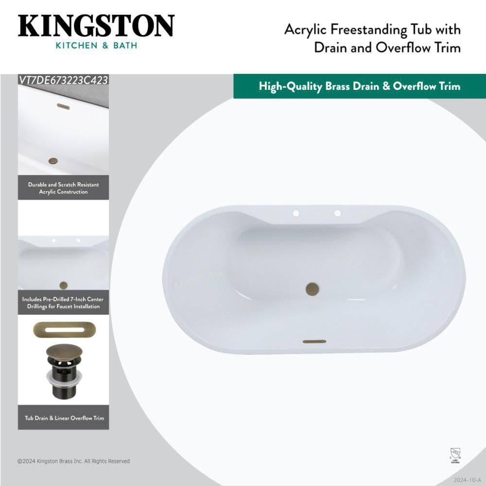 Kingston Brass Aqua Eden 67 in. x 31.5 in. Acrylic Flatbottom Soaking Freestanding Bathtub in Glossy White/Brushed Brass with Drain (3)