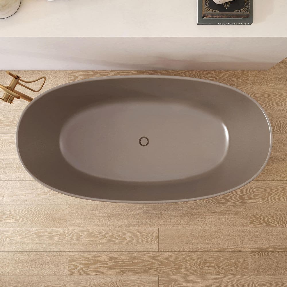 HOPROME 65 in. x 33 in. Stone Resin Freestanding Soaking Bathtub in Gray Coffee (3)
