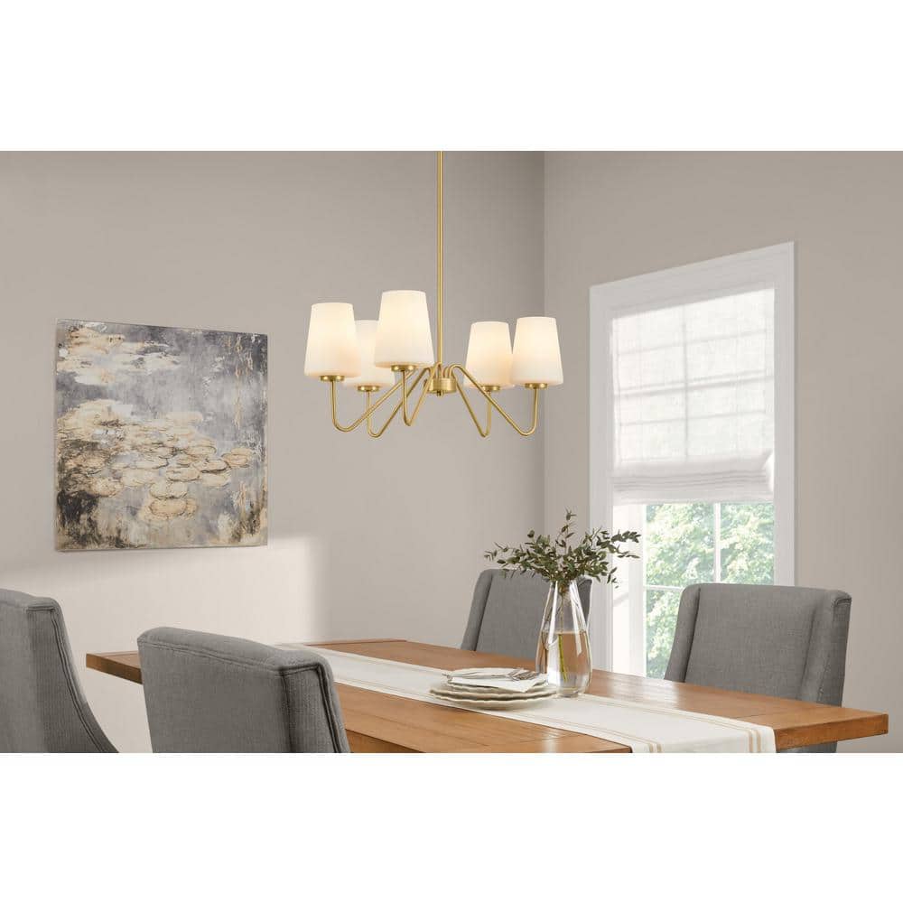 Monteaux Lighting 5-Light Gold Chandelier Light Fixture with White Glass Shades (2)