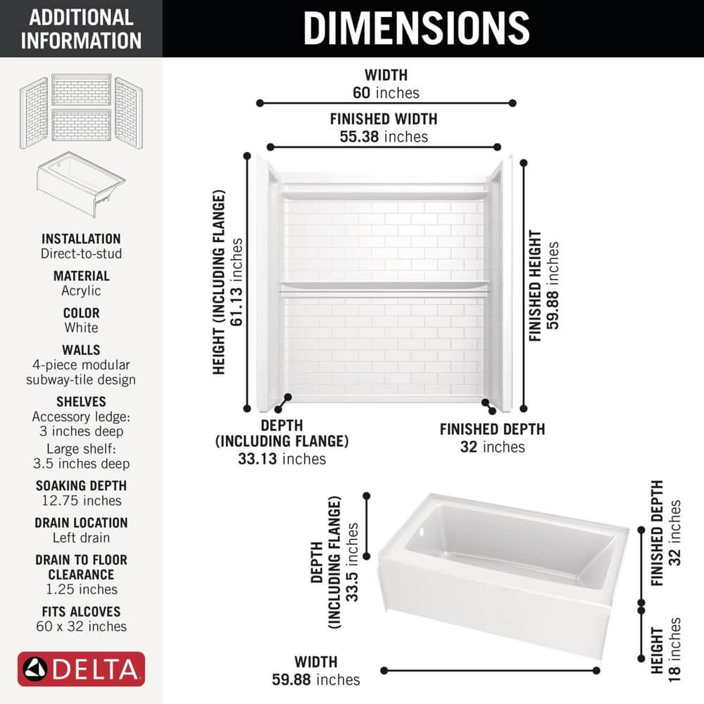 Delta Classic 500 Tile Left Drain 32 in. L x 60 in. W x 59.88 in. H Alcove Bathtub Kit with Tub Wall (3)