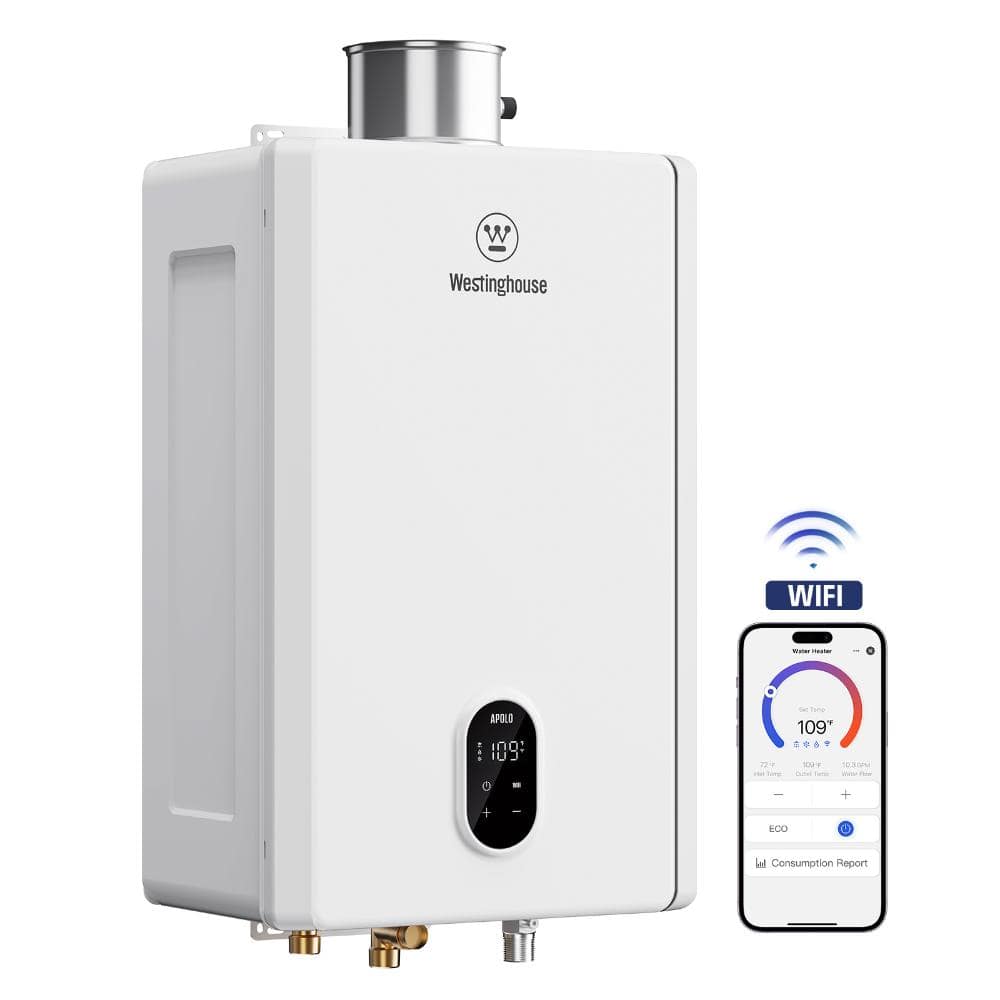 Westinghouse Apolo WIFI Propane Gas 199000 BTU Max 10.3 GPM Instant Hot Tankless Water Heater LPG, Indoor 120V, CSA Certified, White