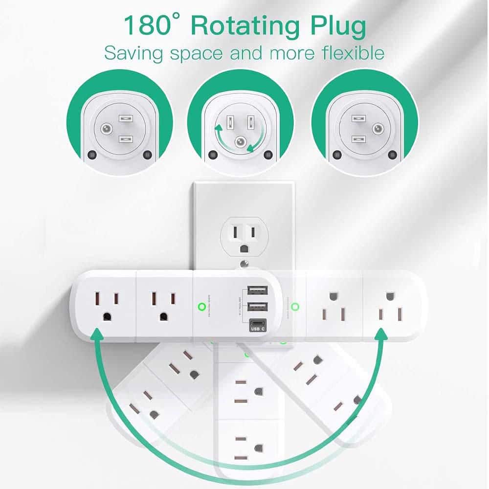 Yichuhaoxi Rotating Plug Surge Protector 6-Outlet 2-Ports 1-Ports with 1800 Joules 3-Sided Splitter USB Extender for Travel (2)