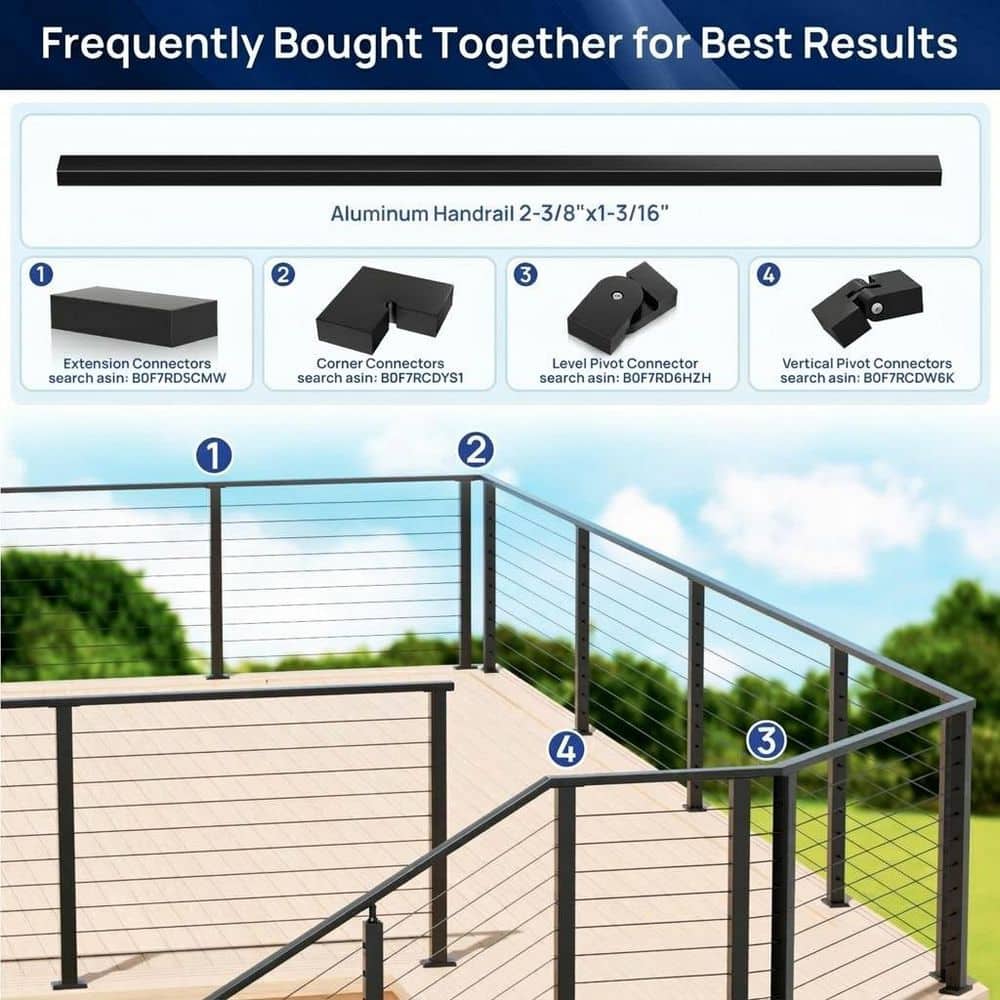 Unbranded 12 in. Aluminum Handrail for Cable Railing System 3 Pack Weather-Resistant Matte Black AAMA 2604 Finish (3)
