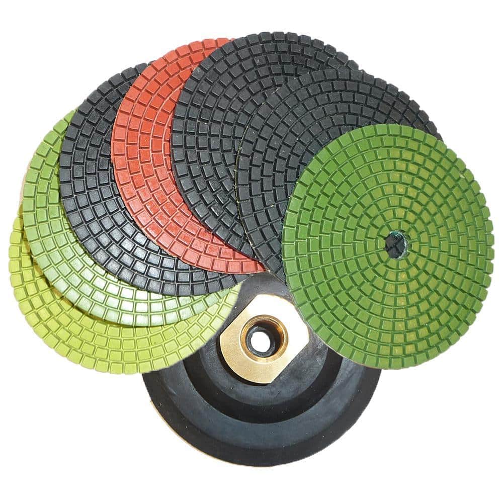 Unbranded 4 in. JHX Wet Diamond Polishing Pads for Granite/Concrete (Set of 7) with 4 in. Semi-Rigid Back Holder