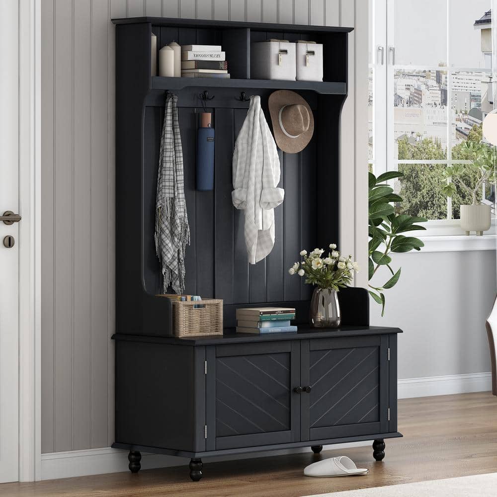 Unbranded 40.1 in. W 17.7 in. D 65 in. H Wood Linen Cabinet with Hall Tree, Storage Bench, 4 Hooks and Hanging Bar (2)