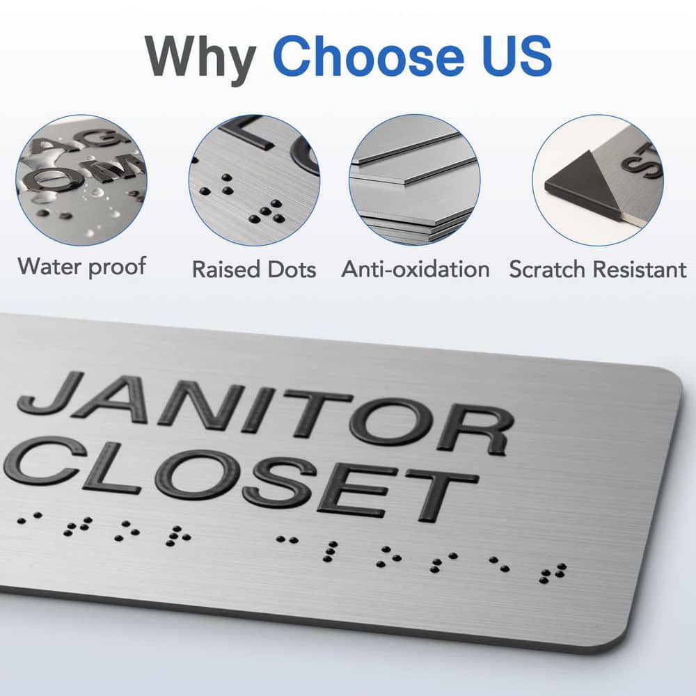 LAIFUCAM Brushed Aluminum Finish ADA Compliant Raised Text Grade 2 Braille Restroom Conference Room Office Door Sign (3)