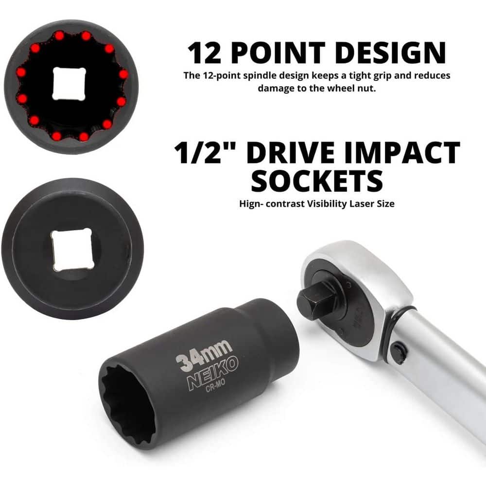 NEIKO 1/2 in. Drive 12-Point Axle Nut Socket Set, 5 Piece, Metric 30-36mm, Cr-Mo (3)