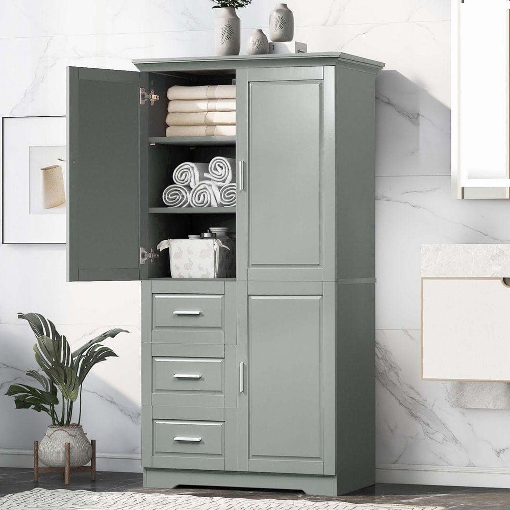 XUJMK 33 in. W x 20 in. D x 62 in. H Gray Wooden Freestanding Storage Cabinet, Linen Cabinet with 3-Drawers, Bathroom/Office (1)