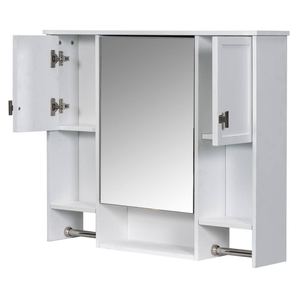 cadeninc 35 in. W x 28.7 in. H x 6.7 in. D Bathroom Storage Wall Cabinet in White with Mirror, Medicine Cabinet and Towels Bar (3)
