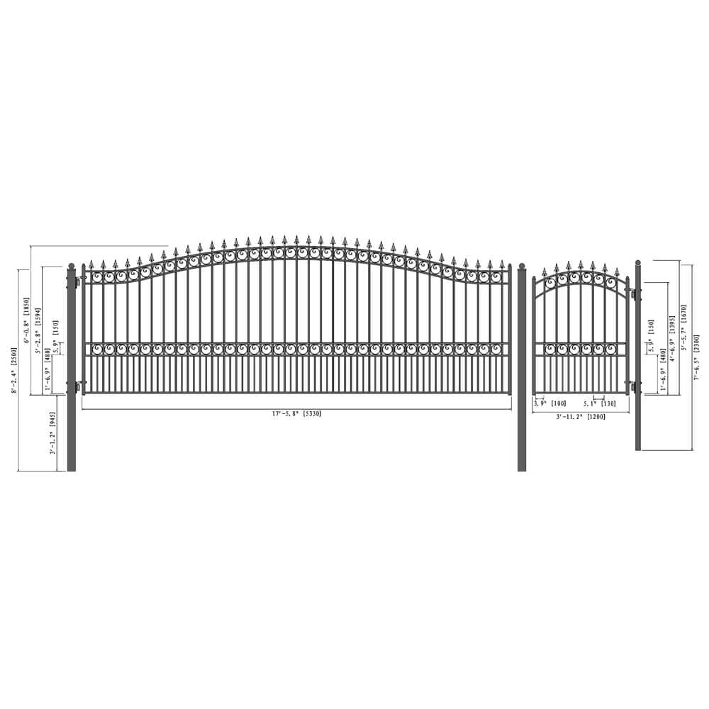 ALEKO London Style 18 ft. x 5 ft. Black Steel Single Swing Driveway Gate with Pedestrian Gate (3)