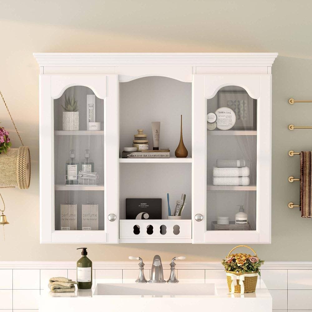 XUJMK 35 in. W x 8 in. D x 28 in. H Bathroom Storage Wall Cabinet, Medicine Mounted Cabinet, 2 Glass Doors Ample Storage White (2)