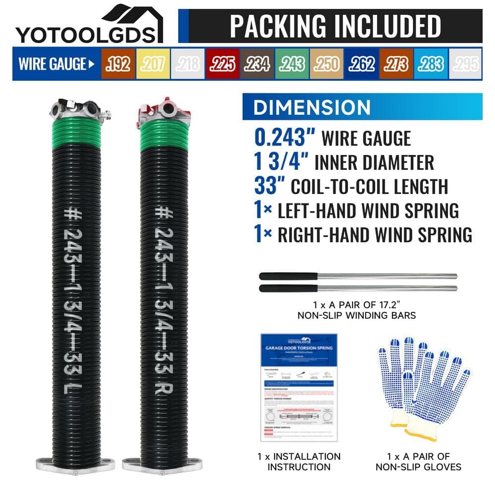 YOTOOLGDS 0.243 in. Wire x 1.75 in. x 33 in. Electrophoresis Garage Door Torsion Springs in Green Left and Right with Winding Bars (2)
