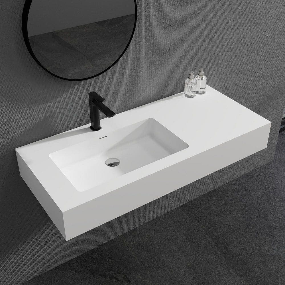 SJ STAR&JANE 39" Wall Mount Rectangle Sink, Solid Surface Bathroom Sink in White (1)