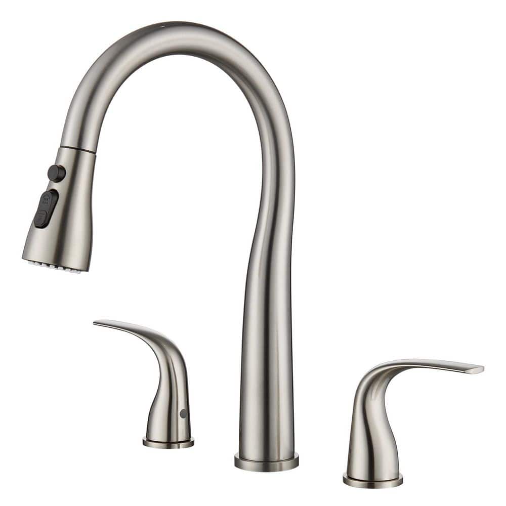 Wudkey 1-Piece 3 Hole Kitchen Faucet, Double Handle High Arc Faucet for Kitchen Sink with Mounting Hardware in Brushed Nickel (1)