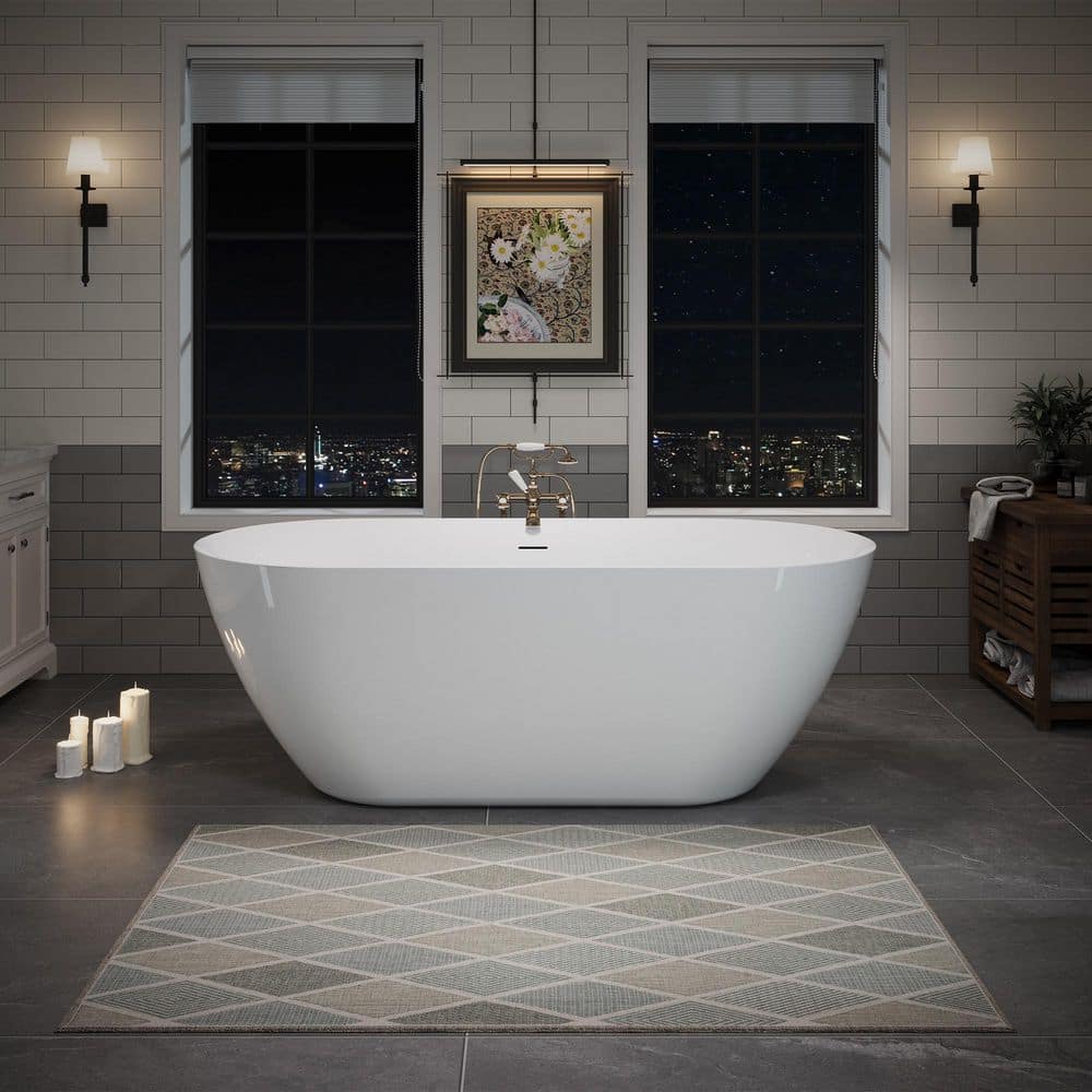 JimsMaison 63 in. Acrylic Freestanding Flatbottom Soaking Bathtub in Glossy White with Drain