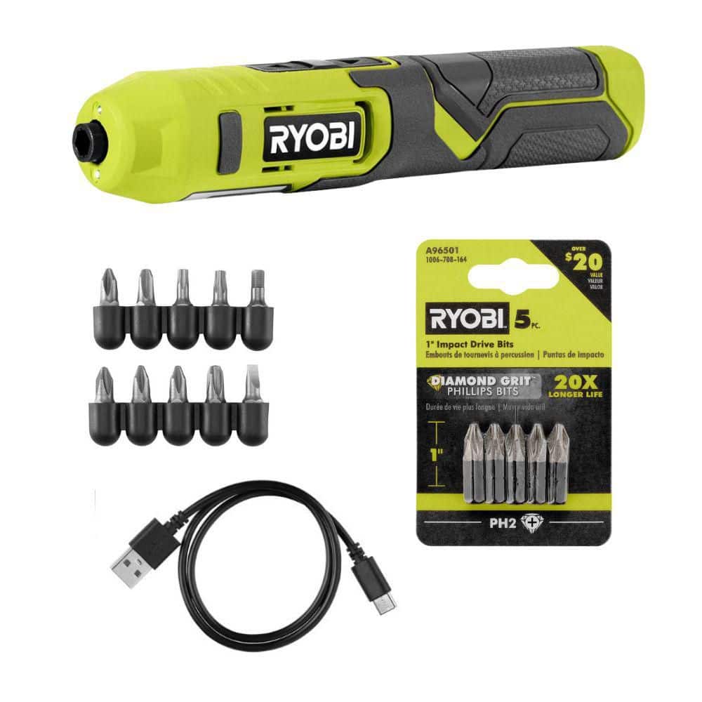 RYOBI 4V Cordless 1/4 in. Screwdriver Kit with Bit Accessories (10PC), USB Cable, & 1 in. Diamond Grit Impact Drive Bits (5PC) (1)