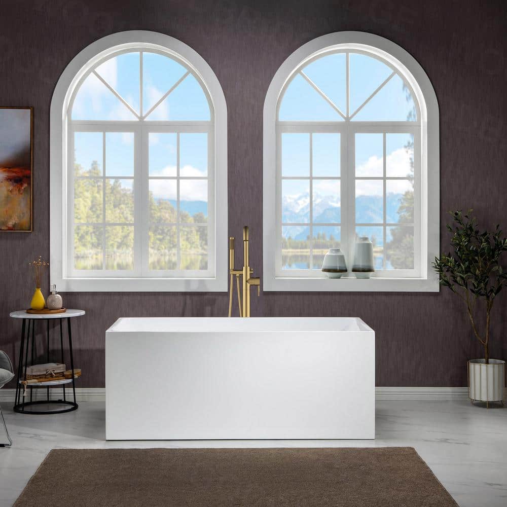 WOODBRIDGE Hoboken 59 in. Acrylic FlatBottom Rectange Bathtub with Brushed Gold Overflow and Drain Included in White (2)