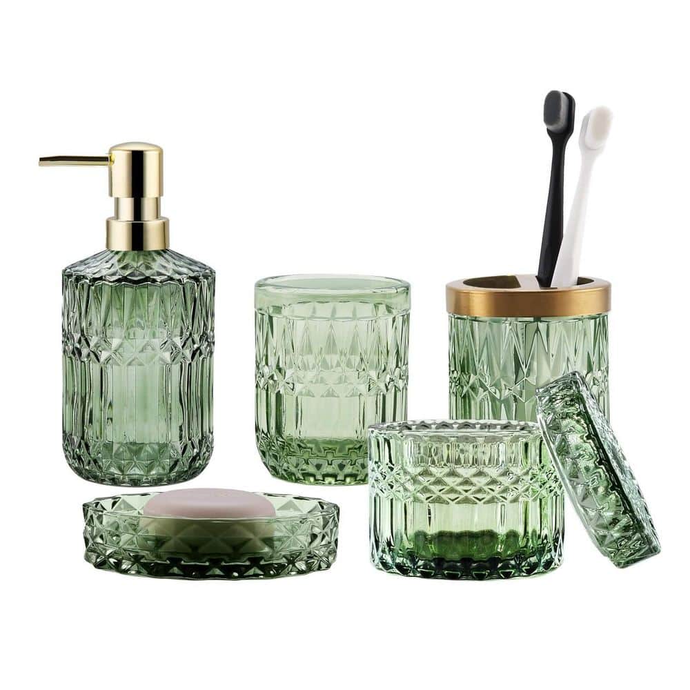 Wudkey 5-Piece Bath Accessory Set in Translucent Green Glass for Modern Bathroom Countertop Decor (1)