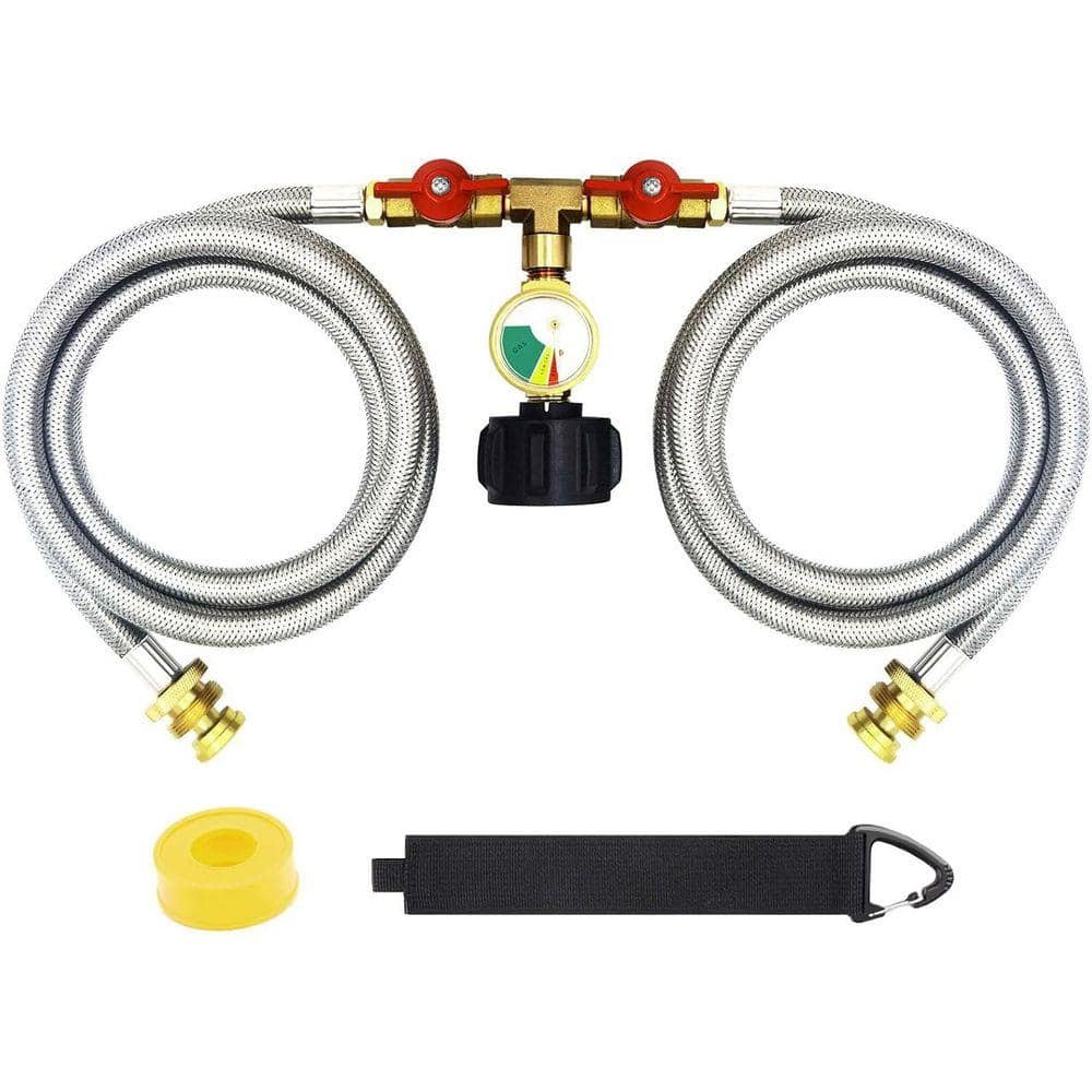 Lukvuzo 5FT Stainless Braided Propane 2 Way Splitter Adapter Hose with Shut Off Valve and Gauge 1lb to 20lb Converter (1)