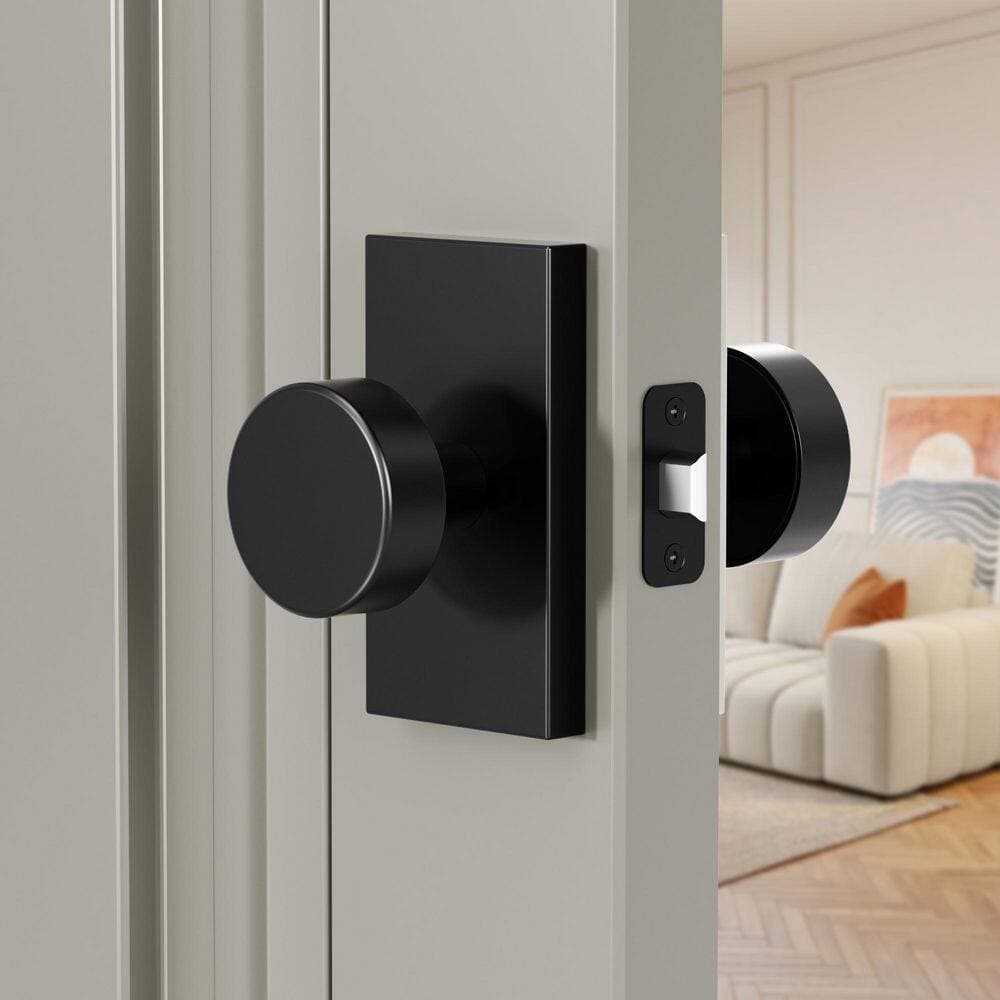 Senyhardware Modern Metal Matte Black Interior Hall/Closet Unkeyed Passage Door Knob with Round Knob and Rectangular Backplate (2)