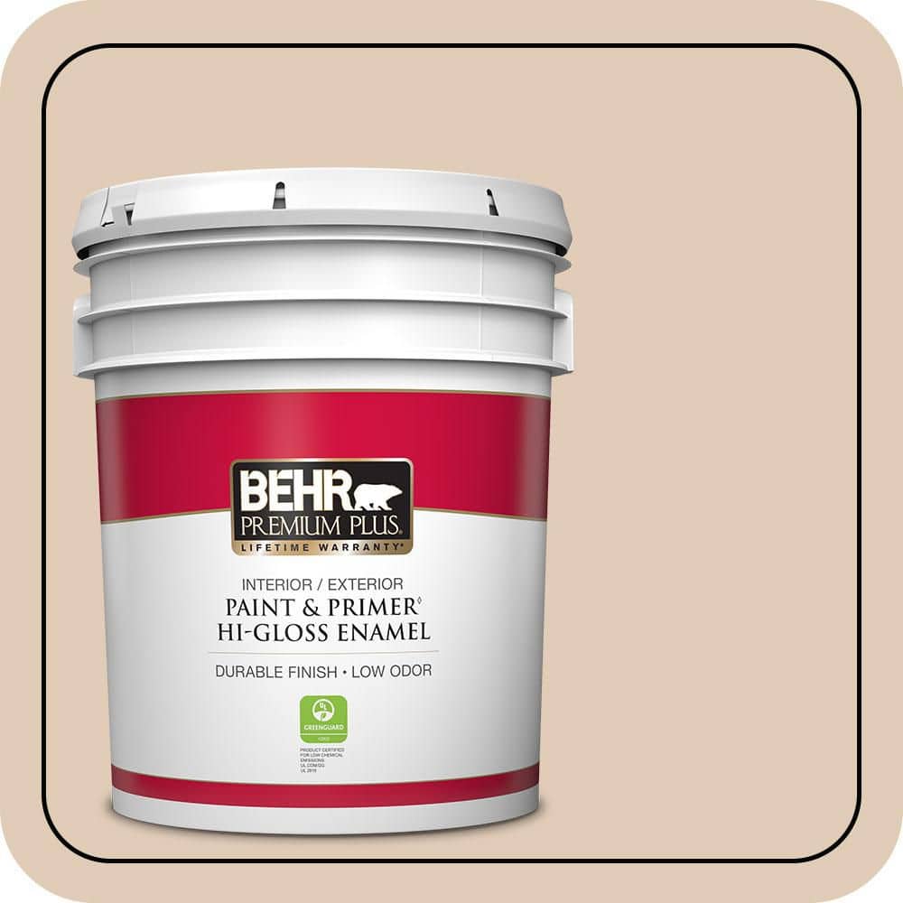 BEHR PREMIUM PLUS 5 gal. #S240-2 Rice Crackers Hi-Gloss Enamel Interior/Exterior Paint & Primer