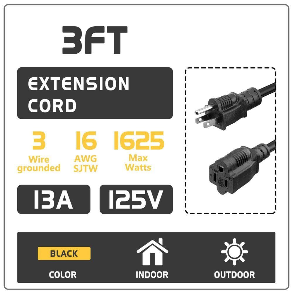 Unbranded 2-Pack 1875 Watt 3 ft. 16AWG 1-Conductor SJTW Weatherproof Extension Cord Indoor Outdoor 3 Prong Power Cable Black (3)
