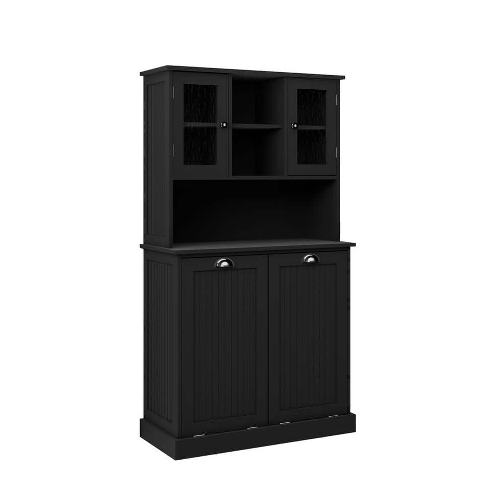 COWLOWN 32.68 in. W x 14.57 in. D x 59.69 in. H Black Linen Cabinet Two-Compartment Tilt-Out Dirty Laundry Basket (1)