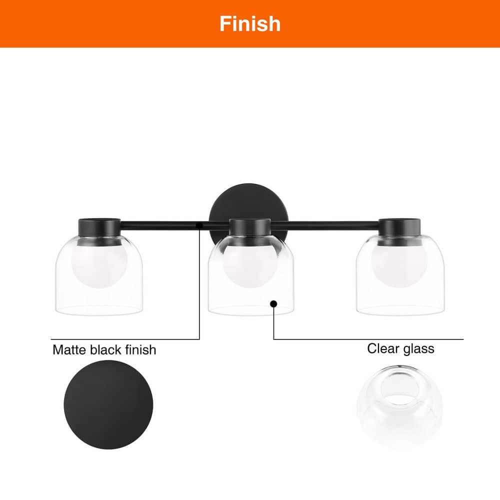 Hampton Bay Bloomsbury 22 in. 3-Light Matte Black LED 5CCT Bathroom Vanity Light with Clear Glass Shade (3)
