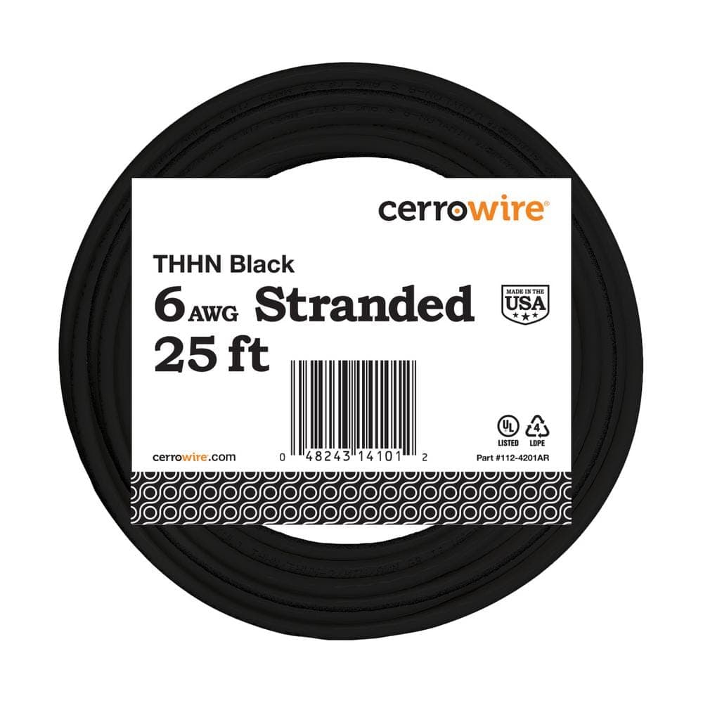 Cerrowire 25 ft. 6 Gauge Black Stranded Copper THHN Wire
