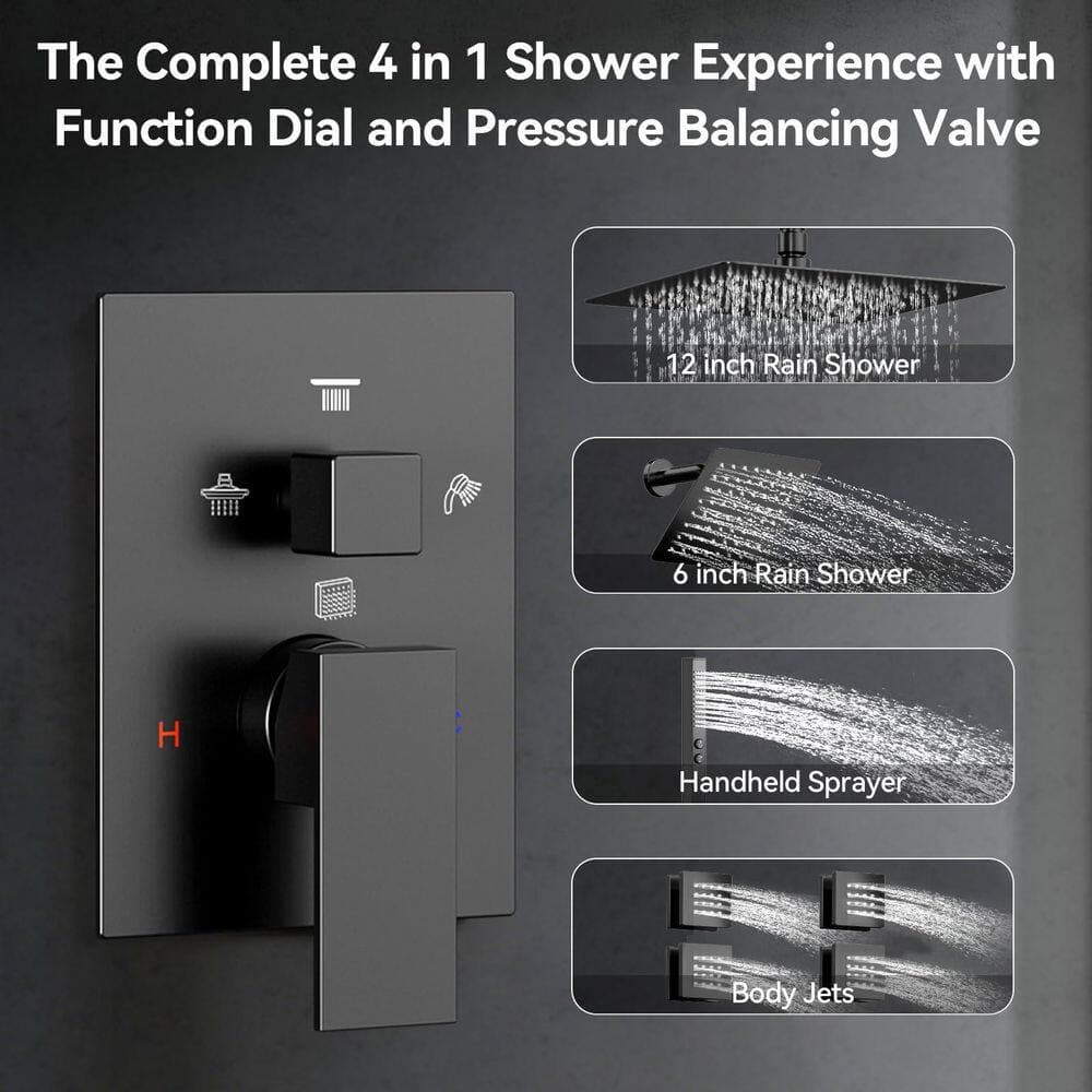 Helhom Shower System with Body Jets in Black, Rain Shower Head with Handheld Spray (2)