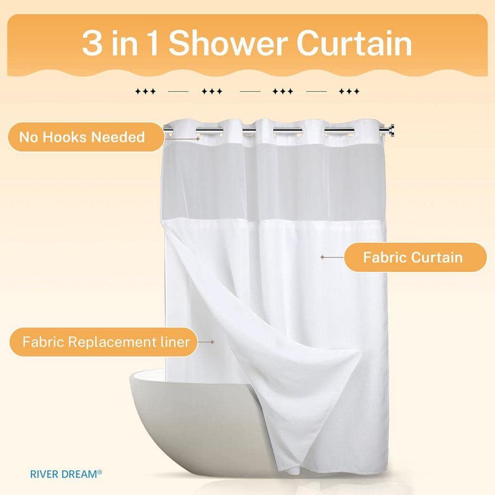 Unbranded Heavyweight Dotted Waffle Weave Shower Curtain w/ Snap in Liner No Hooks Needed Hotel Grade 71 W x 74 H White Polyester (3)