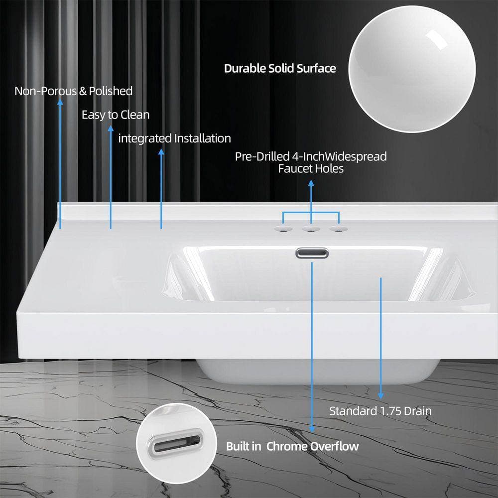 NTQ 37 in. W x 22 in. D Solid Surface White Vanity Top Rectangular Single Sink Bathroom Vanity Top in White with Overflow (3)